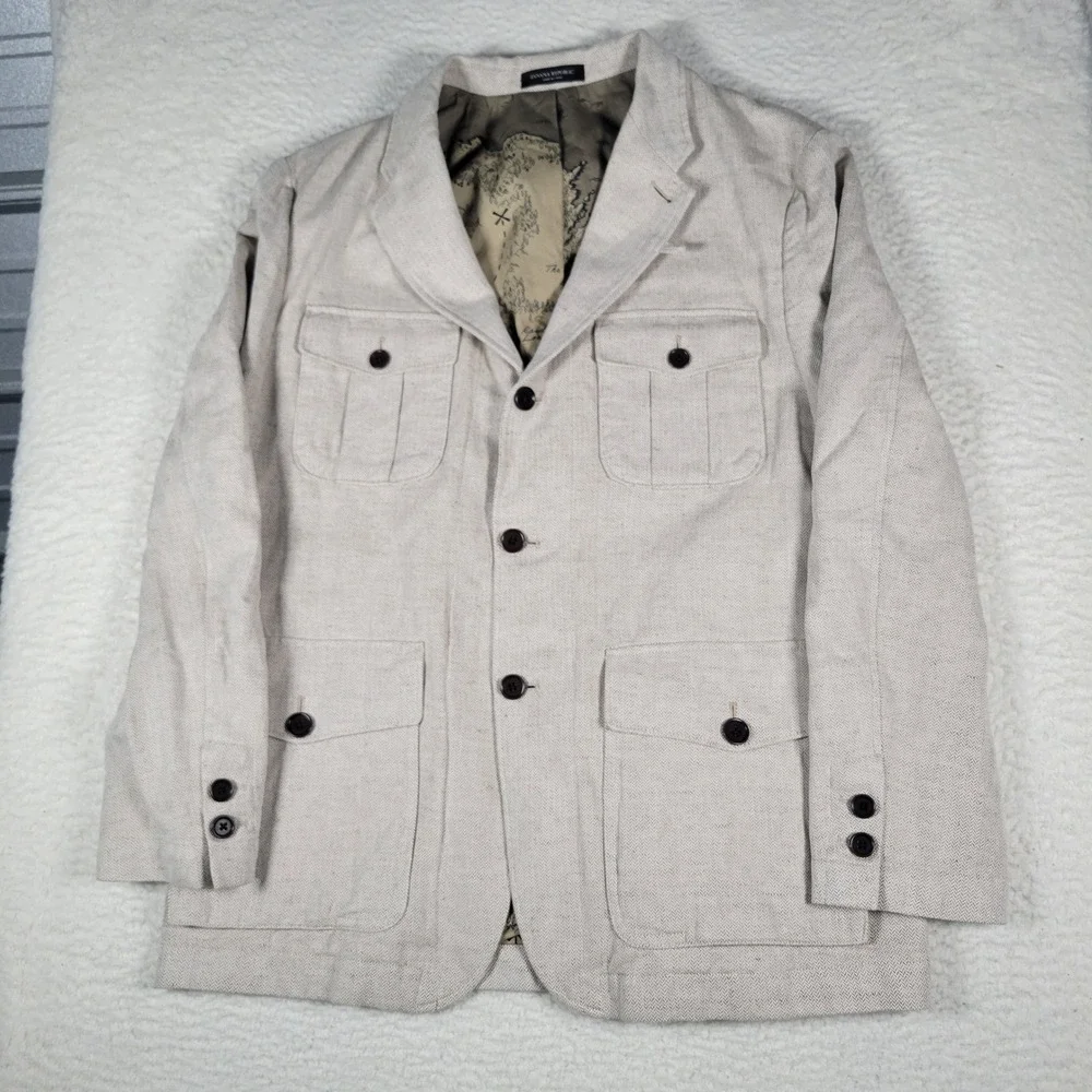 Banana Republic Safari Suit Jacket Mens 42R Tan Herringbone Field Blazer 858034